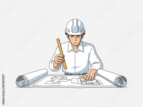 Engineer Working on Architectural Blueprint Design.