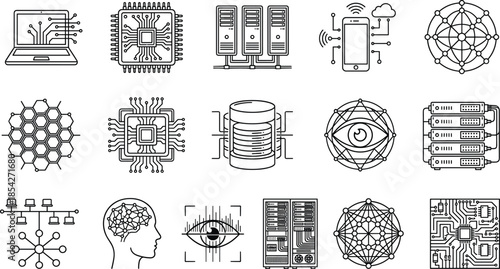 Collection of data science, AI, and IT technology line icons, featuring server, chip, network, database, and futuristic security symbols, vector graphics.