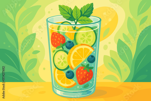 Fruit-Infused Refreshment. Creative photo of colorful fruit-infused water with mint leaves, vibrant tones, vector illustration