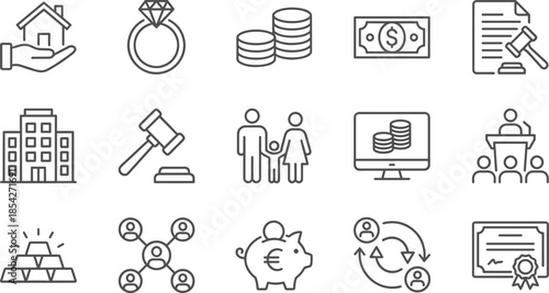 Collection of finance, law, and investment line icons, featuring money, building, diamond ring, gold bars, and legal document, vector graphics set.