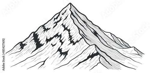 A detailed illustration of a mountain peak in black and white sketch style, suitable for outdoor adventure themes