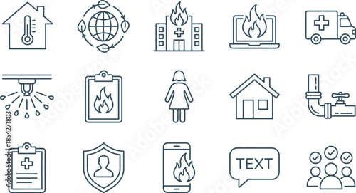 Collection of safety, emergency, and environment line icons, featuring fire, ambulance, security, global ecology, and temperature symbols, vector graphics.