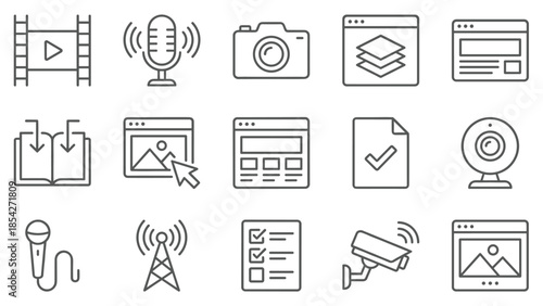 Collection of media, technology, and content creation line icons, featuring video, microphone, camera, web browser, and security symbols, vector graphic set.