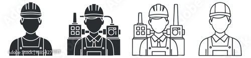 A set of four construction worker icons in black and white outline vector style, ideal for industrial and engineering design projects