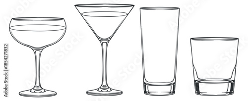 A set of various drink glasses including a cocktail glass, martini glass, highball glass, and rocks glass in clean black outline vector style, ideal for bar menus and drink-related designs