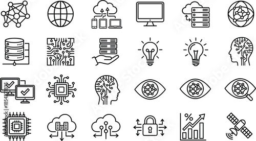 Collection of technology, AI, and network line icons, featuring brain, cloud server, computer, global connection, security, and processor chip, vector graphics.