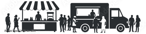 A food truck and market stall scene with people in black and white silhouette style, ideal for food-related projects