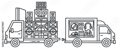 A set of outline vector trucks featuring stacked speakers and DJ equipment, ideal for music events and party branding