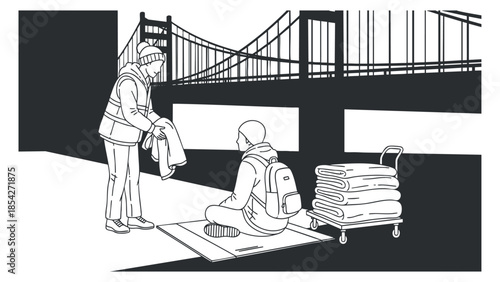 A scene depicting a person providing assistance to a homeless individual in a minimalist vector style, ideal for social awareness campaigns