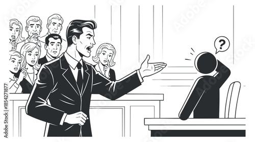 A courtroom scene featuring a lawyer presenting a case to a witness in black and white vector style, ideal for legal and law-related projects