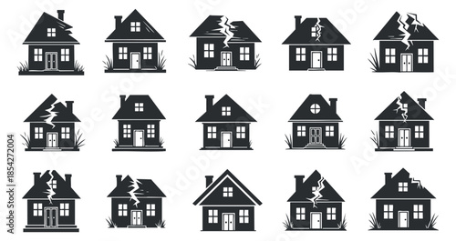 A collection of various house illustrations depicting different styles and damage in black and white vector design, suitable for real estate and renovation projects
