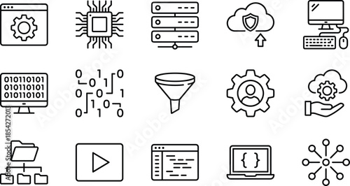 Computer technology and programming line icons set, cloud server, coding script, binary data, web development vector signs for interface