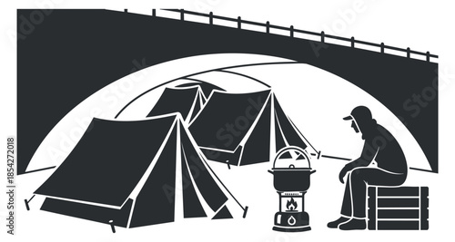 A camping scene with tents and a person sitting by a stove in black silhouette style, ideal for outdoor adventure themes
