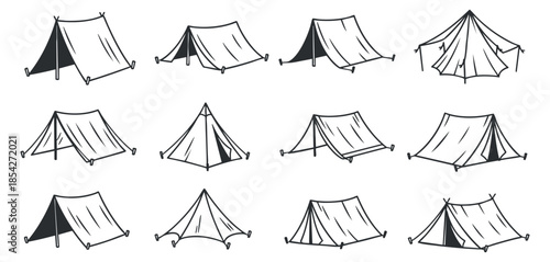 A collection of various camping tents in hand-drawn black and white minimalist vector style, suitable for outdoor adventure designs
