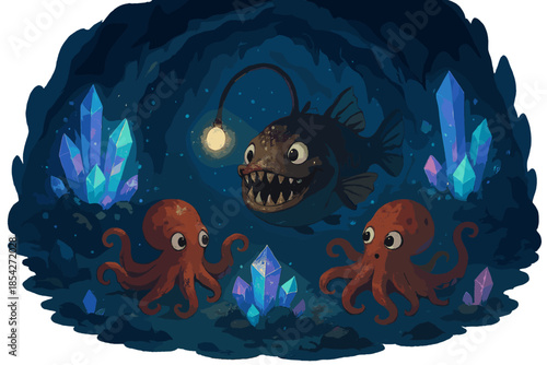 Enchanted Undersea Adventure. Magical deep-sea cave with glowing crystals, smiling lantern fish, and curious octopus explorers No