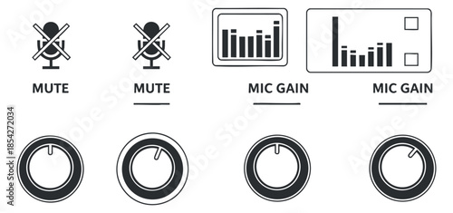 A set of audio control icons featuring mute and mic gain indicators in flat monochrome vector style, suitable for audio equipment design