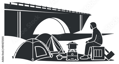 A camping scene featuring tents and a person cooking near a bridge in minimalist black and white vector style, perfect for outdoor adventure themes