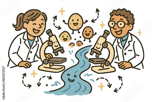 Playful River Lab. Joyful doodle river sediment lab with happy researchers, cartoon microscopes observing cheerful sand and silt