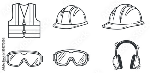 A collection of safety gear including a safety vest, hard hats, goggles, and headphones in minimalist outline vector style, ideal for workplace safety illustrations