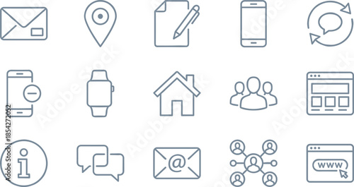 Contact Us, Communication, and Basic Information Line Icons Set, Featuring Mail, Phone, Location, Address, Web, Group, and Smartwatch Symbols, Vector Outline.