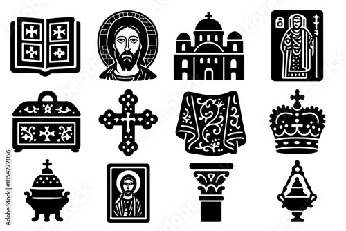 Byzantine Art Icons. Solid style icons of Byzantine art and culture: illuminated manuscript, mosaic Christ face, domed basilica,