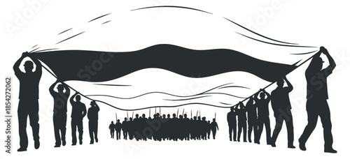 A group of people holding a large flag in silhouette style during a protest or demonstration, ideal for social activism themes