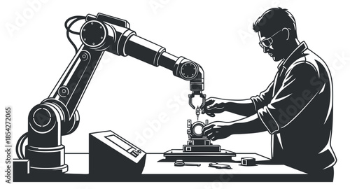 A technical engineer operating a robotic arm in black and white outline vector style, ideal for technology and automation projects