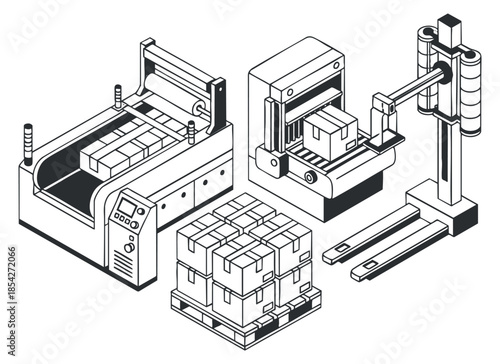 An isometric illustration of warehouse automation with a packaging machine, robotic arm, and palletized boxes in black and white vector style, suitable for logistics and supply chain projects