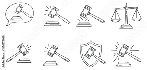 A collection of gavel icons and justice symbols in minimalist black and white vector style, perfect for legal and courtroom branding