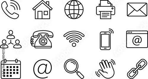 Contact Us, Communication, and Information Line Icons Set, Featuring Phone, Email, Home Address, Global Network, Calendar, and Connectivity Symbols, Vector Outline.