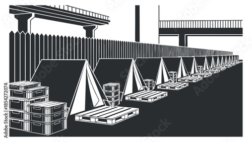 A series of tents and storage boxes in a black and white minimalist vector style, suitable for outdoor event planning and logistics.