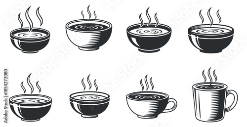 A collection of eight steaming bowls and cups in black and white minimalist vector style, ideal for restaurant branding and food-related designs