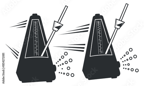 A pair of metronomes in black and white vector style, illustrating rhythmic movement, perfect for music education and design