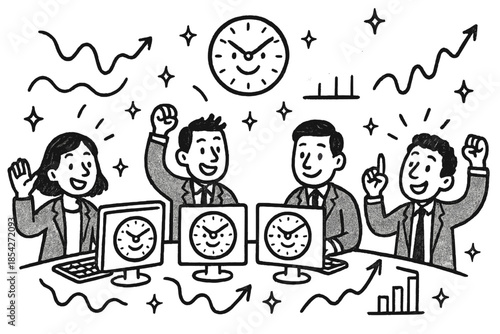 Whimsical Finance Doodles. Whimsical doodle high-precision finance scene with cheerful traders, smiling monitors displaying