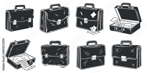 A collection of eight briefcases in black and white outline vector style, ideal for business and professional themes