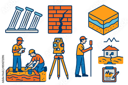 Archaeoseismology Icon Set. Isometric vector illustration set Archaeoseismology: tilted columns, fractured masonry, liquefied soil