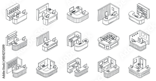 A collection of bathroom interior design icons in minimalist outline vector style, suitable for home renovation projects