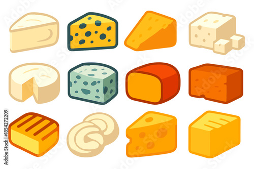Cheese Texture Icons. Flat vector icons of Cheese Textures: soft brie, semi-soft blue, hard parmesan, crumbly feta, creamy