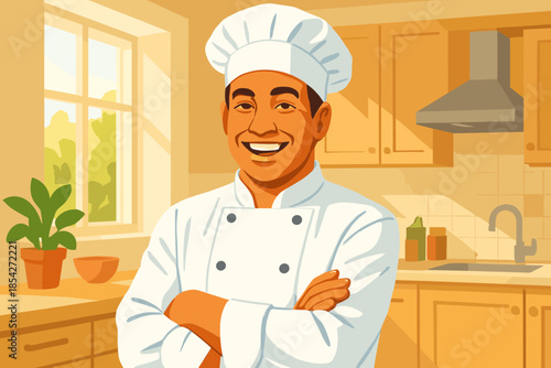 Joyful Chef in Kitchen. Portrait of a smiling vector illustration chef in a brightly lit kitchen, natural light emphasizing joyful