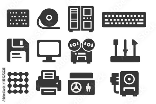 Early Computing Icons. Solid style icons of Early Computing: Punch Card, Magnetic Tape, Mainframe, Keyboard, Floppy Disk, Monitor,