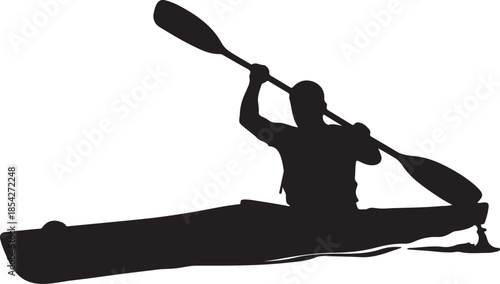 Dynamic silhouette of a person paddling a kayak, engaging in watersport activity, adventure and recreation concept on water