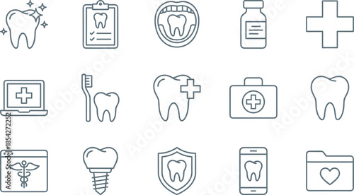 Dental care and oral health line icons set, dentistry, tooth implant, hygiene, medical checkup, vector symbols.