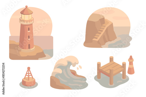 Sunset Lighthouse Icons. Isometric vector illustration set Sunset Lighthouse Point: tall red lighthouse, crashing waves, cliff