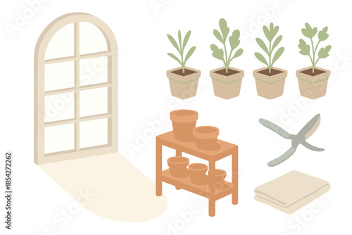 Greenhouse Window Scene. Isometric vector illustration set Greenhouse Window Scene: large window arch, herb seedlings, clay pots