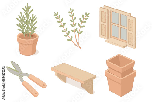 Morning Kitchen Garden. Isometric vector illustration set Morning Kitchen Garden: rosemary pot, thyme sprigs, terracotta planters,