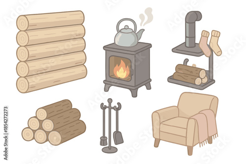 Cozy Cabin Scene. Isometric vector illustration set Cabin Fireplace Scene: log cabin wall, stacked wood, iron fireplace tools,