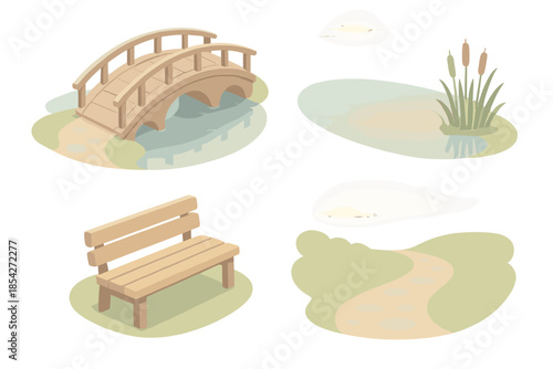 Riverside Serenity Icons. Isometric vector illustration set Riverside Serenity Spot: short arched bridge, pebble path, reeds by