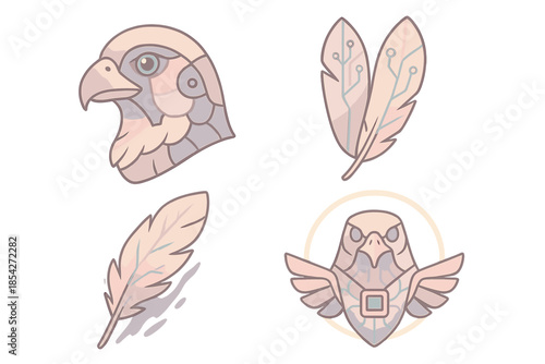 Cybernetic Bird Design. Isometric vector illustration set Cybernetic Bird Pattern: mechanical falcon head, circuit feathers, ink