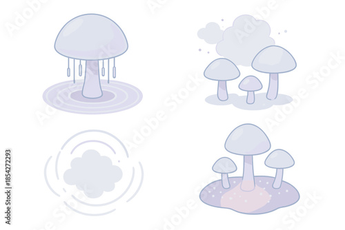 Fungal Resonance Chamber. Isometric vector illustration set Fungal Resonance Chamber: translucent mushroom domes, vibration rings,