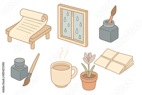 Monsoon Writing Studio. Isometric vector illustration set of Monsoon Writing Studio: open scroll on desk, raindrop window, ink pot